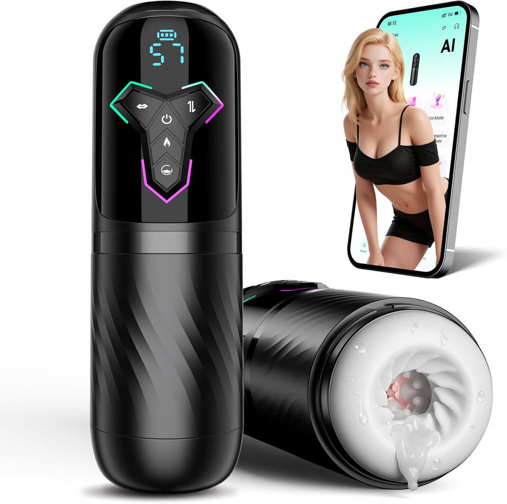 Beheizter Sex Spielzeug für die Männer Masturbator, Masturbieren für Männer 10 Vibrations & 7 Stoß & 5 Saugmodi, Zungenleck Taschenmuschi Sexspielzeug Masturbatoren, App-Steuerung Sex Toys Penispumpe